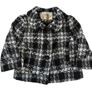 Emmelee Black White Tweed Plaid Cropped Jacket Wool Blend Collared Button Coat L